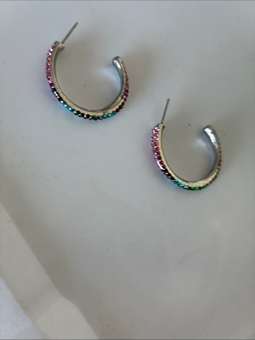 Silver Hoop Earrings with Pink and Teal Crystal Accents